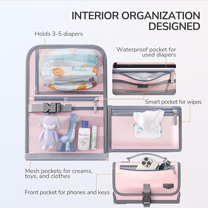 Portable Diaper Changing Pad with Shoulder Strap, Detachable Travel Changing Pad with Baby Wipes Pocket, Gifts for Baby Shower, Newborn Girls and Boys (Pink)