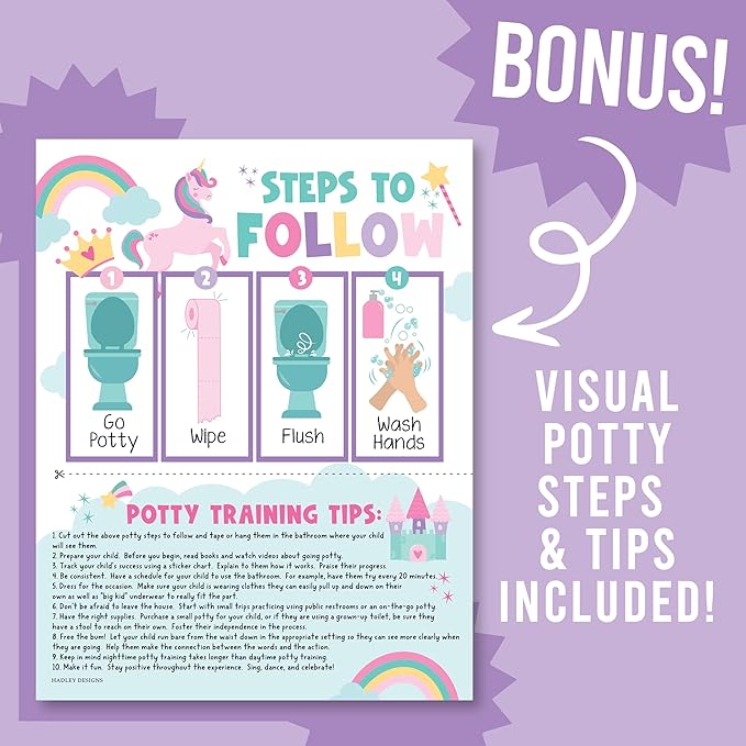 Hadley Designs Potty Training Chart for Girls with Fun Reward Stickers – 10 Potty Chart for Toddlers Girls, 8.5x11" Potty Training Sticker Chart for Toilet Success, Unicorn Reward Chart for Kids