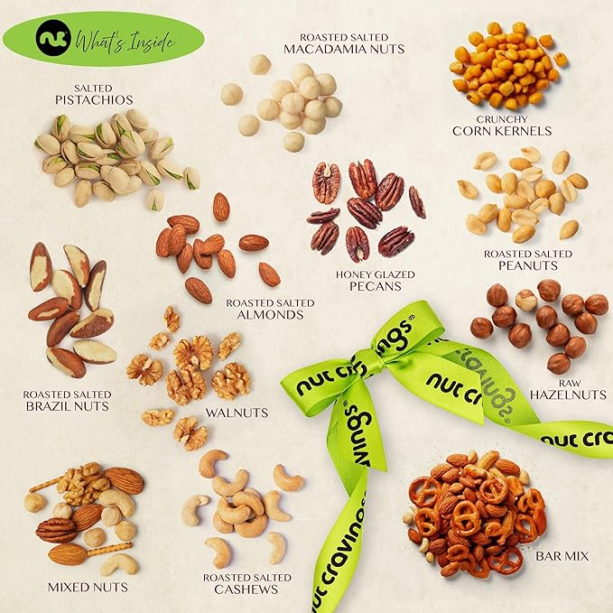 NUT CRAVINGS Gourmet Collection - Get Well Soon, Nuts Gift Basket with Get Well Soon Ribbon in Reusable Wooden Tray (12 Assortments) Food Arrangement, Healthy Snack Care Package, Food Assortments