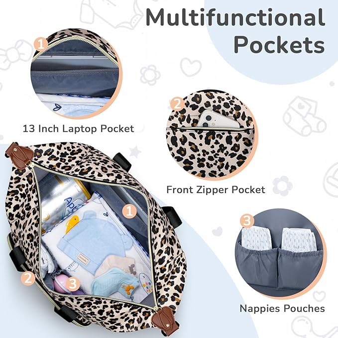 Diaper Bag Tote, Baby Bag Travel Diaper Tote Bag with Pacifier Case, Cute Maternity Hospital Baby Stylish Diaper Tote for Mom Dad Medium Size, Leopard Print