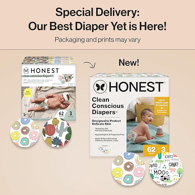The Honest Company Clean Conscious Diapers for Delicate Skin | Up to 100% Leakproof | Hypoallergenic, Fragrance Free | Gender Neutral | Club Box, Size 3 (16-28 lbs), 62 Count (Prints May Vary)