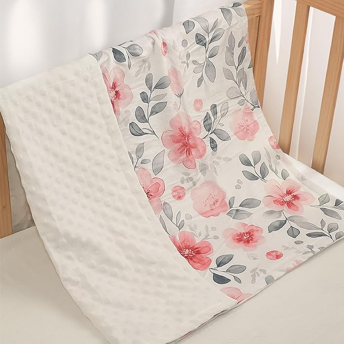 Floral Minky Baby Blanket 30 x 40 Inches for Boys Girls, Soft Plush Receiving Blanket with Dotted Back, Gift for Toddler Newborn Infant Christmas Birthday Baby Shower