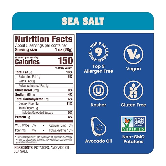 Jackson’s Potato Classic Kettle Chips with Sea Salt (5oz, Pack of 7) - Made with Premium Avocado Oil - Allergen-friendly, Gluten Free, Peanut Free, Vegan, Kosher - Shark Tank Product