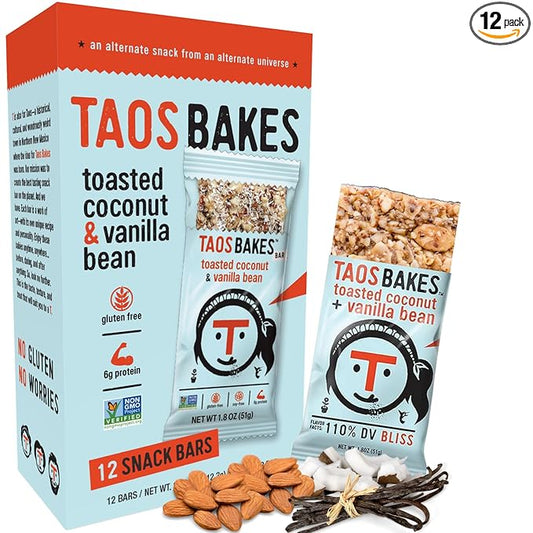 Taos Bakes - Toasted Coconut + Vanilla Bean - Snack Bars - 6g Fiber & Gluten-Free Granola Bars - Healthy Snack for Adults - Filled with Almonds, Coconut Chips, & Chia Seeds - 12 Pack, 1.8oz ea