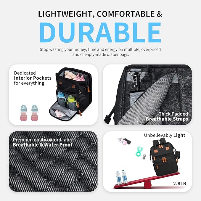 KABAQOO Diaper Bag Backpack with Detachable Changing Station, Large Capacity Baby Diaper Bags for Boys & Girls, Baby Registry Search Stuff & Shower Gifts, Newborn Essentials Must Haves, Black-2s
