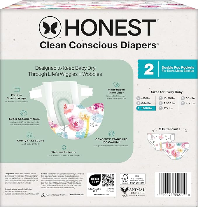 The Honest Company Clean Conscious Diapers for Delicate Skin | Up to 100% Leakproof | Hypoallergenic, Fragrance Free | Girl Prints | Club Box, Size 2 (12-18 lbs), 72 Count (Prints May Vary)