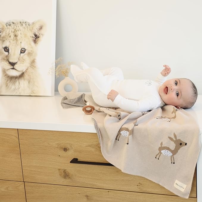 Knit Baby Swaddle Blanket - 100% Cotton Soft Cozy Receiving Swaddling Stroller Blanket Quilt for Shower Gift Registry for Newborns Infants Toddlers Gender Neutral (Deer - Taupe)