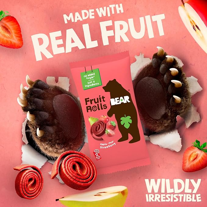 BEAR Real Fruit Snack Rolls - Gluten Free, Vegan, and Non-GMO - Strawberry – Healthy School And Lunch Snacks For Kids And Adults, 0.7 Ounce (Pack of 18)
