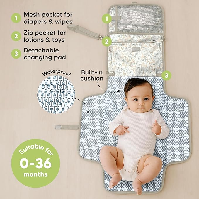 KeaBabies Portable Diaper Changing Pad - Large Waterproof Baby Changing Mat, Compact Travel Diaper Clutch, Functional Pockets Fit Newborn Essentials, Wipeable & Padded Baby Changer (Prairie)