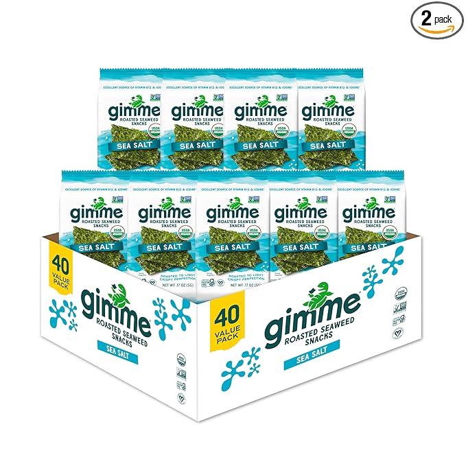 gimMe Organic Roasted Seaweed Sheets, Sea Salt, Keto, Vegan, Gluten Free, Great Source of Iodine and Omega 3’s, Healthy On-The-Go Snack for Kids & Adults, #1 Sea Salt, 0.17 Ounce (Pack of 40)