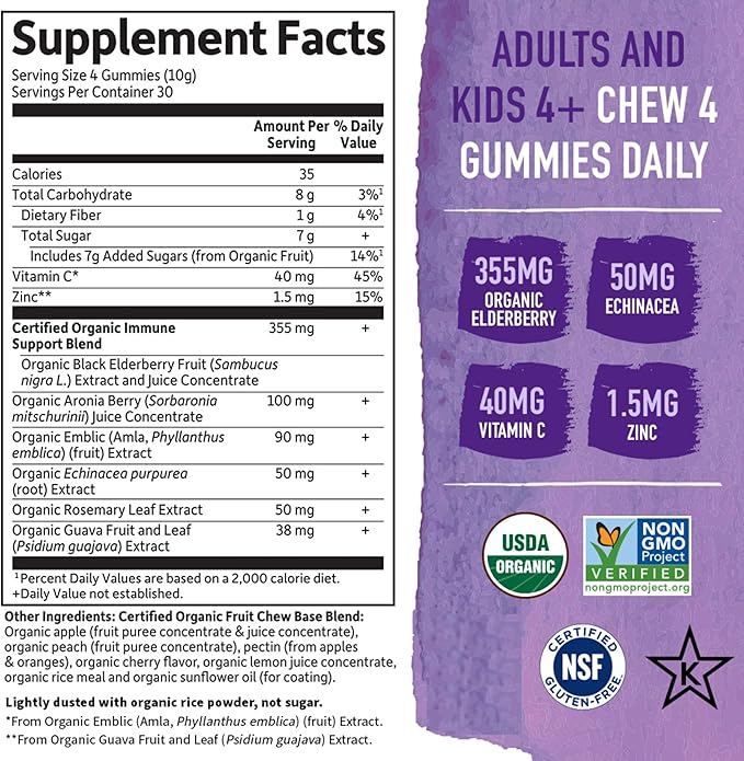 Garden of Life Organics Elderberry Gummies for Adults & Kids - Immune Support Supplement with Organic Fruit, Herbal Blend, Elderberry, Echinacea, Zinc, Vitamin C, 120 Vegan Gluten Free Gummies