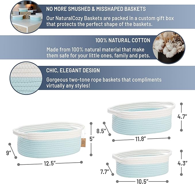NaturalCozy 3-Piece Oval Storage Basket Set– Soft Natural Rope Woven Baskets for Storage Shelf, Toy, Nursery, Gift, Baby Shower, Pets Cat Dog Bins | Small Basket for Organizing (Off White Turquoise)