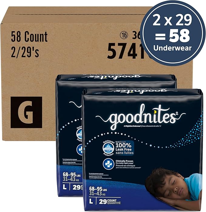 Goodnites Boys' Nighttime Bedwetting Underwear, Size Large (68-95 lbs), 58 Ct (2 Packs of 29), Packaging May Vary