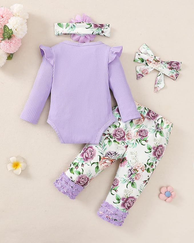 Renotemy Newborn Baby Girl Clothes Outfits Infant Romper Ruffle Floral Pants Cute Toddler Baby Girl Clothes Set