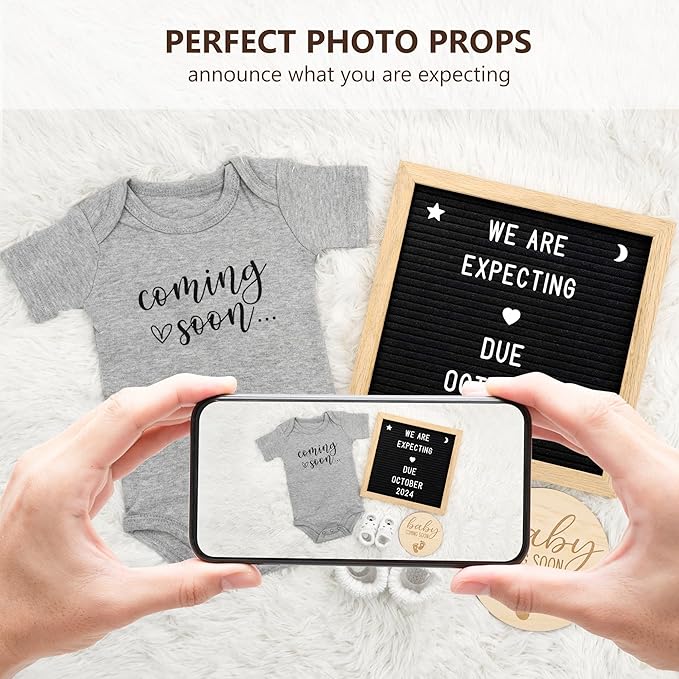 Pregnancy Announcement, Coming Soon Baby Announcement For Grandparents Dad Husband Family, Pregnancy Reveal Ideas, Gender Reveal Baby Shower Gifts -Felt Letter Board, Onesie, Booties, Wooden Sign