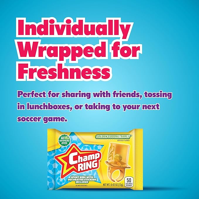 Champ Ring Soccer, Golden Goooal! Apple – Crisp Golden Apple Flavored Candy Rings - Individually Wrapped - No Artificial Colors or Dyes - Perfect for Parties, Events & Snacks - Bulk Pack of 50