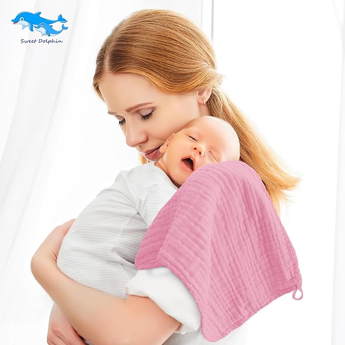 SWEET DOLPHIN 12 Pack Muslin Burp Cloths Large 100% Cotton Burping Clothes for Baby Drool - Absorbent and Soft Boys & Girls Milk Spit Up Rags for Newborn Essentials Registry - Hibiscus Sunset