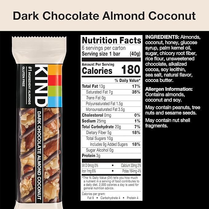 KIND Bars, Dark Chocolate Almond & Coconut, Healthy Snacks, Gluten Free, 12 Count