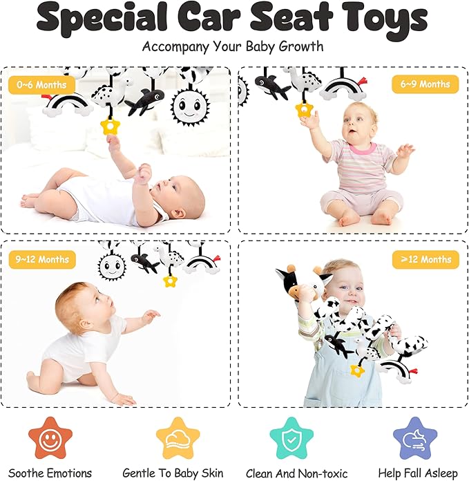 Spiral Car Seat Baby Toys 0-6 Months, Infant Carseat High Contrast Sensory Toys Hanging Stroller Accessories, Newborn Gifts for Baby Boys Girls Essentials Stuff, Cute Black and White Cow