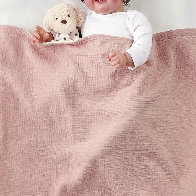 CREVENT 30''X40'' Organic Muslin Cotton Baby Blanket for Newborns, Soft Mink Backing, Essential for Baby Shower Birthday Gift - Pink 75X100cm