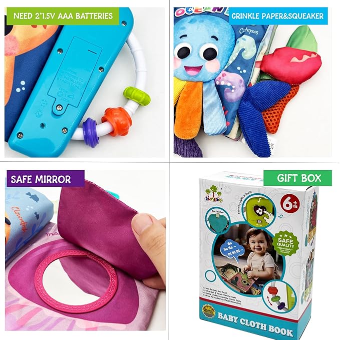 Baby Books Toys, Ocean Pals Touch and Feel Music Cloth Book for Infant Baby 6-12-18 Months, Early Learning Education Shower Easter Gifts for Boys Girls (Ocean Pals)