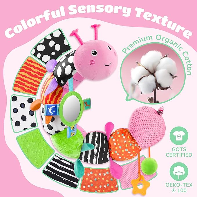 Baby Toys 6-12 Months Music Caterpillar Infant Toys Stuffed Animals 0-3-6 Months Teething Tummy Time Sensory Toys with Mirror Rattle&Pull String for Boys Girls Birthday Gifts|Candy Pink,Leafy