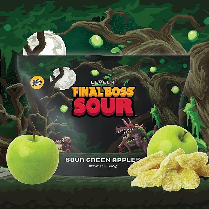 Final Boss Sour Candy, Green Apple, 1 Pack, Level 4, Extreme Sour Fruit Chews with Real Dried Fruit, No Artificial Colors or Flavors, Low Calorie Snack for Kids, Teens, Adults, Lunch Boxes & On The Go