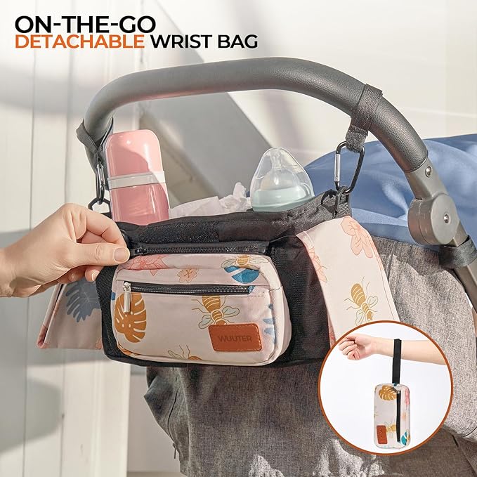 Universal Stroller Organizer with Insulated Cup Holder & Detachable Wristlet Large Capacity Baby Stroller Bag Organizer for Mom, Baby Jogger, Uppababy, Britax, BOB, Umbrella & Pet Strollers (Garden)
