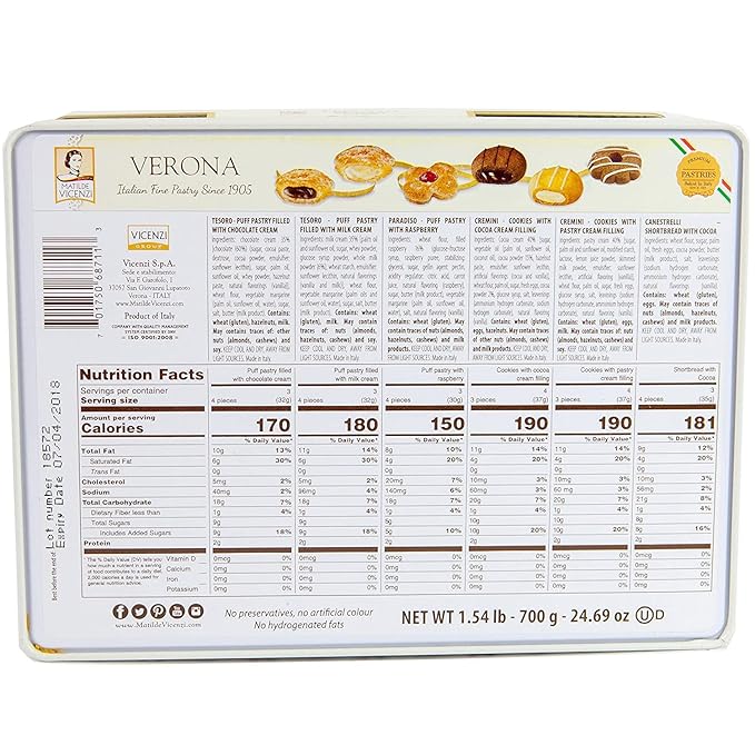 Italian Fine Pastry Cookies Assortment From Verona | 6 Different Filling - Hazelnut Chocolate Milk, Raspberry Cashews Almond, Cocoa Cream & Shortbread Cocoa | 24.69 Oz Gift Box Tin