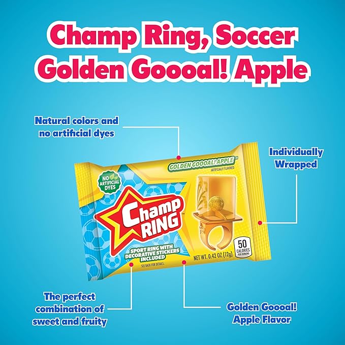 Champ Ring Soccer, Golden Goooal! Apple – Crisp Golden Apple Flavored Candy Rings - Individually Wrapped - No Artificial Colors or Dyes - Perfect for Parties, Events & Snacks - Bulk Pack of 50