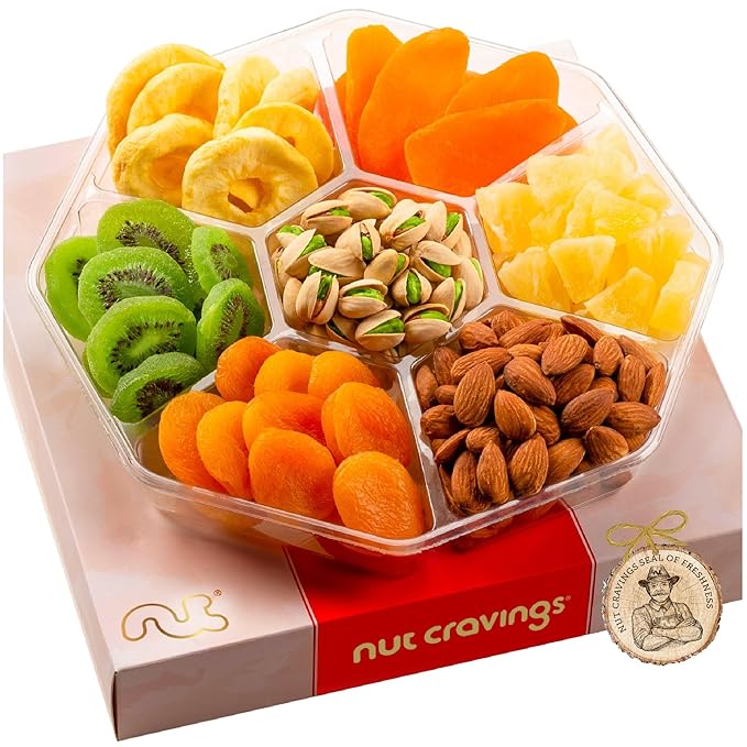 NUT CRAVINGS - Rosh Hashana & Shana Tova Dried Fruit & Mixed Nuts Gift Basket in Red Box (7 Assortments, 1 LB) Food Arrangement, Healthy Snack Care Package, Food Assortments