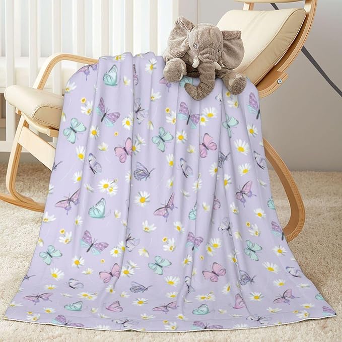 Baby Blanket Butterfly Daisy Flower Purple for Boy Girl Newborn 30x40 Inch Toddler Infant Nursery Throw Blankets Double Layer Comfy Soft Plush Stroller Crib Quilt