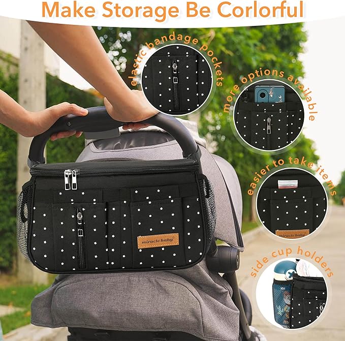 Miracle Baby Stroller Organizer Bag for Mom,Universal Stroller Storage Caddy Diaper Bag- Compatible with Most Stroller - Multifunctional Larg(Black Star)