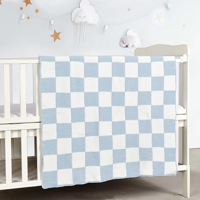 CREVENT 30"X40" Cozy Soft Warm Chenille Baby Blanket for Girls Boys, Newborn Essentials for Infant, Baby Shower Receiving Gift - Checked Blue 75X100cm