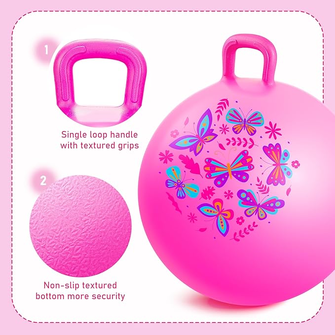 EVERICH TOY Hopper Ball, Pink Butterfly Hopping Toys for Kids, 18 Inch Bouncy Ball with Handle, Indoor Outdoor Inflatable Hoppity Hop Toy for Girls Boys Gift with Pump