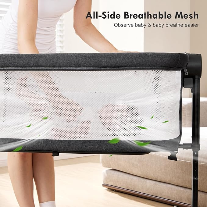 Bassinet Bedside Sleeper - All-Mesh Design, Portable Bedside Bassinet for Baby with Washable Mattress, 5 Adjustable Heights (Black)