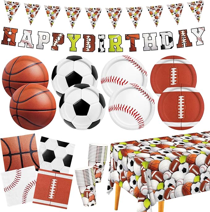 Sports Themed Birthday Party Kit for 24 - Includes Sports Banner, Tablecloth, Cups, Plates and Napkins for Boys Sports Theme Party Decorations Supplies