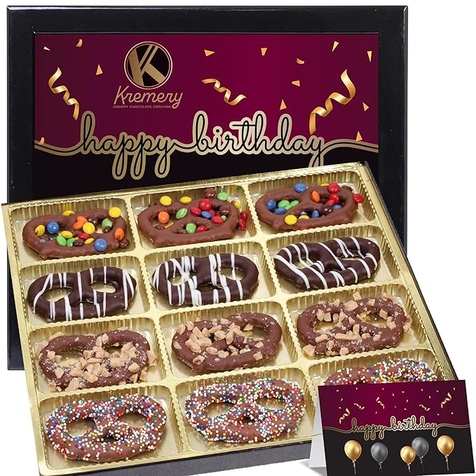 KREMERY Creamy Chocolate Cravings - Birthday Treats, Chocolate Covered Pretzel Twists Gift Basket, in Sectional Gift Box + Greeting Card (12 Pretzels, Assorted Sweet Toppings) Food Assortments USA Made
