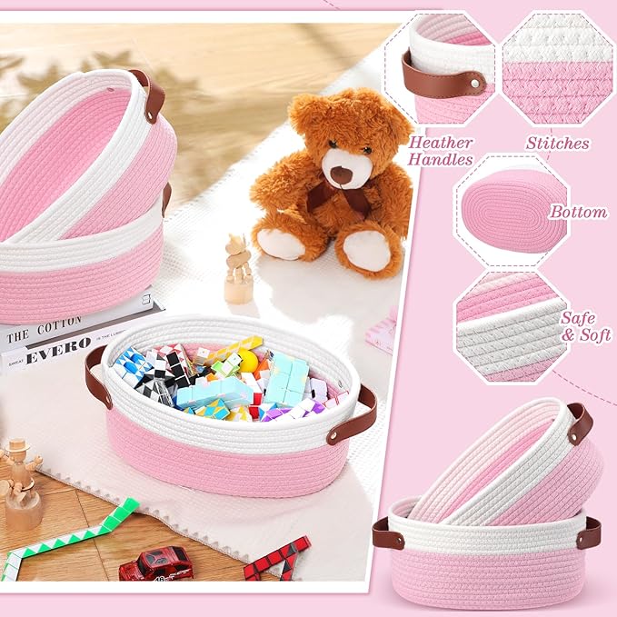 Colingmill 3 Pack Small Woven Basket for Gifts with Handles Clear Bags and Ribbons Empty Storage Basket Decorative Chest Box for Halloween Thanksgiving Day Birthday(White and Pink,12"x 8"x 5")