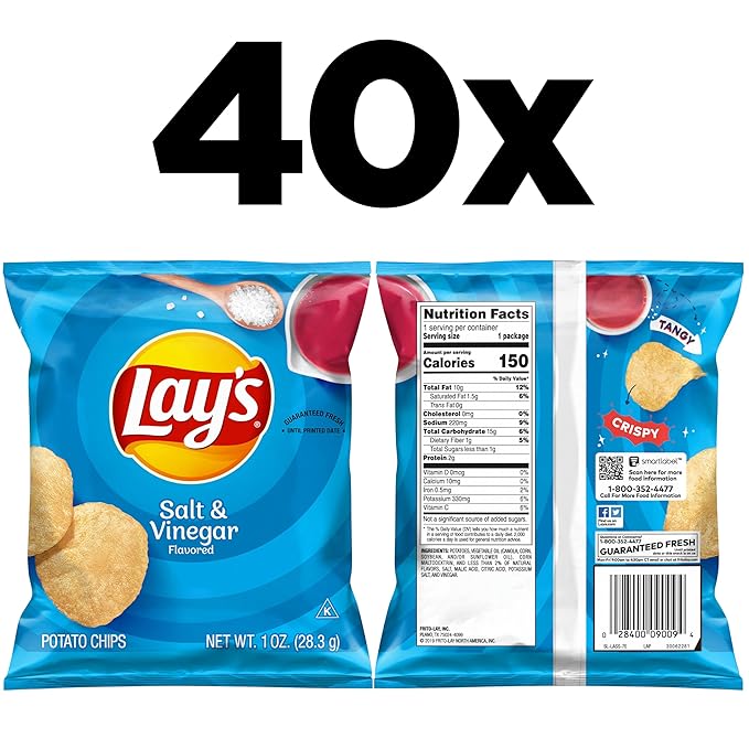 Lay's Salt & Vinegar Flavored Potato Chips, (40 Count)