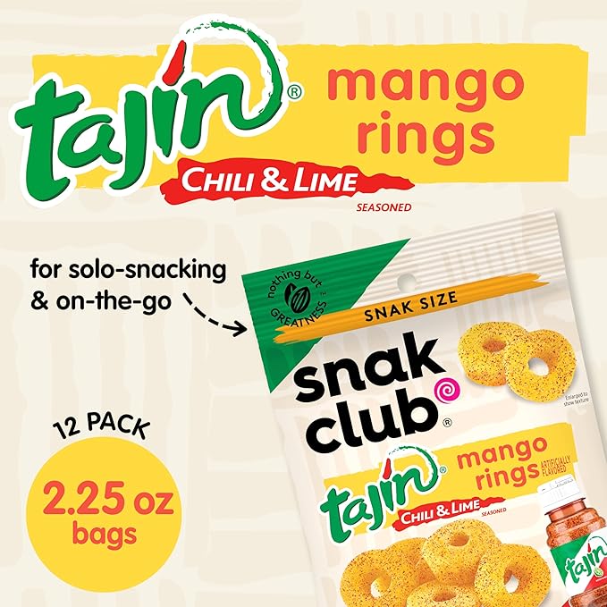 Snak Club Tajin Mango Rings Gummy Candy, Fruit Candy Gummies with Chili and Lime Seasoning, Mild, Gluten-Free and Vegan Snacks, 2.25 oz Snack Bags, 12 Pack