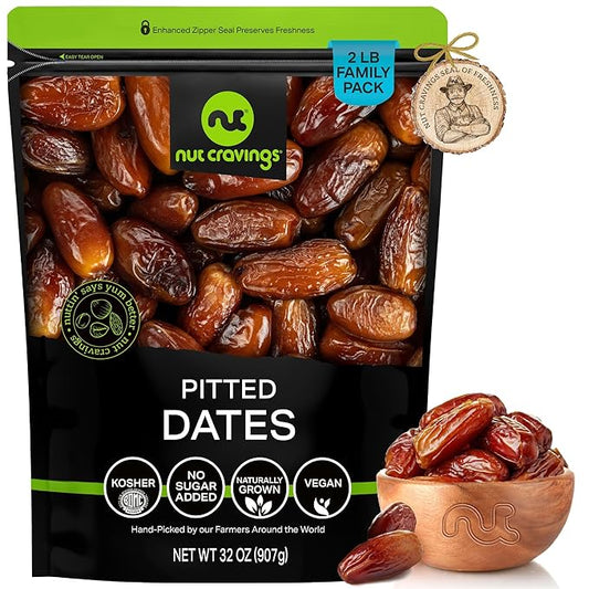 NUT CRAVINGS - Sun Dried Deglet Noor Dates Pitted, No Sugar Added (32oz, 2 LB) Bulk Dry Fruits Packed Fresh in Resealable Bag - Sweet Healthy Snack, Naturally Grown, Vegan, Kosher