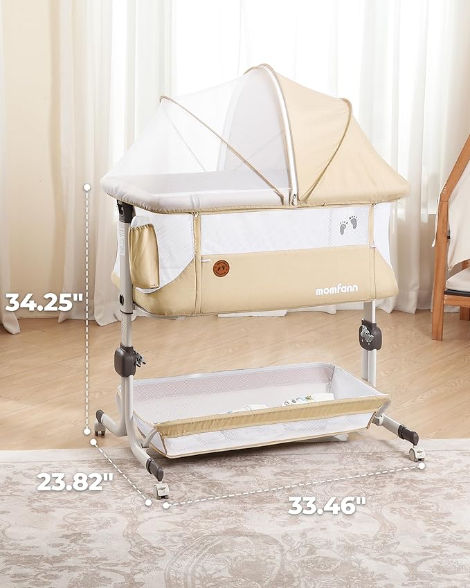 Baby Bassinet Bedside Sleeper, Upgraded Stability Bedside Crib with Full Mesh Sides, Soft Sheet, 6-Height Adjustment, Storage Basket, Easy Folding Portable Bassinet for Newborns, Oatmeal