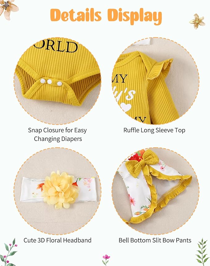 SUNNY PIGGY Newborn Baby Girl Clothes Infant Outfits Romper Floral Fall Outfit Bell Bottoms Pant Sets Hat Headband Flowerpant