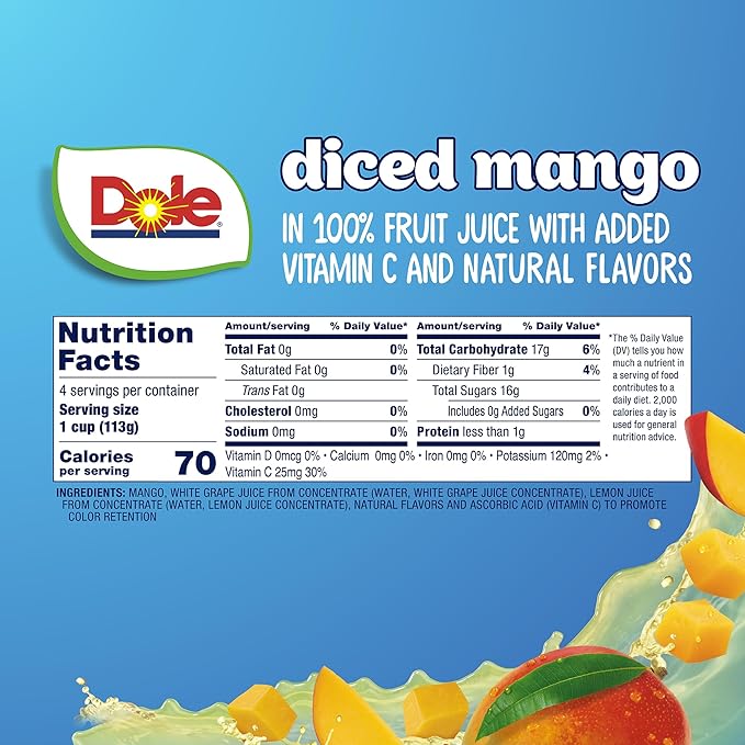 Dole Diced Mango in 100% Fruit Juice - Dole Fruit Bowls - 4 oz Fruit Bowls - 24 Pack