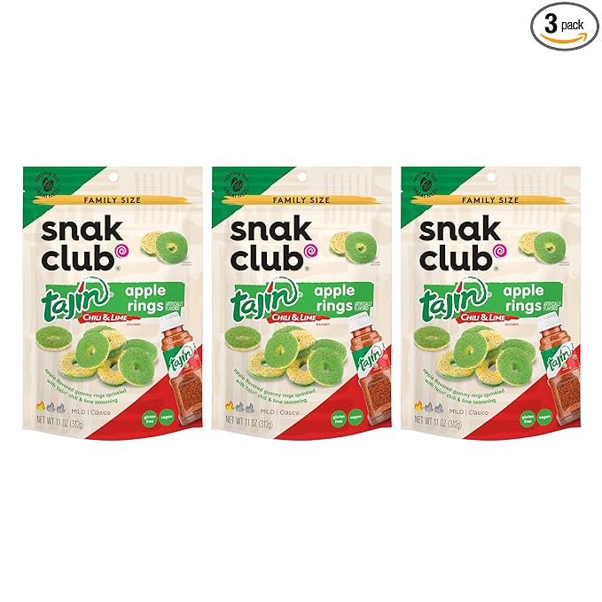 Snak Club Tajin Apple Rings Gummy Candy, Fruit Candy Gummies with Chili and Lime Seasoning, Mild, Gluten-Free and Vegan Snacks, 11 oz Resealable Bags, 3 Pack