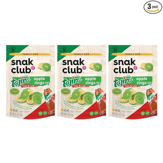 Snak Club Tajin Apple Rings Gummy Candy, Fruit Candy Gummies with Chili and Lime Seasoning, Mild, Gluten-Free and Vegan Snacks, 11 oz Resealable Bags, 3 Pack
