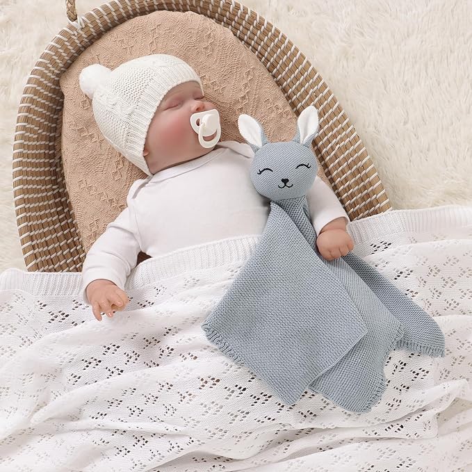 LAWKUL Bunny Lovey Baby Blanket Soft Cuddly Security Blanket Knit Snuggle Comfort for Newborns Toddler Boy Girl Blue 16x16in