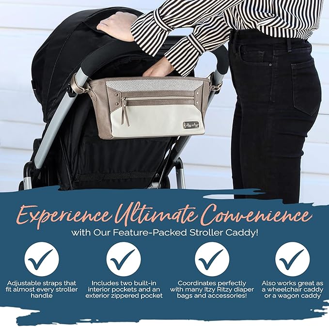 Itzy Ritzy Adjustable Stroller Caddy and Organizer Bag Featuring Front Zippered Pocket, 2 Built-In Interior Pockets & Adjustable Straps to Fit Nearly Any Stroller (Vanilla Latte)