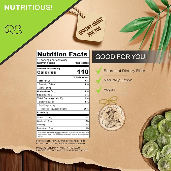 NUT CRAVINGS - Sun Dried Kiwi Slices, Lightly Sweetened (16oz, 1 LB) Bulk Dry Fruits Packed Fresh in Resealable Bag - Sweet Healthy Snack, Naturally Grown, Vegan, Kosher